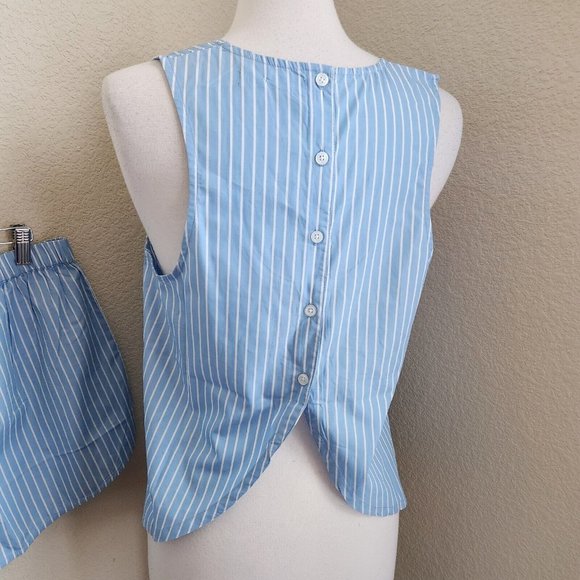 LAKE Pajama 2-PC Set LARGE Top Shorts Blue White Stripe 100% Cotton - Picture 13 of 16